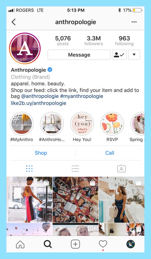 Instagram branding for your business - anthropologie example
