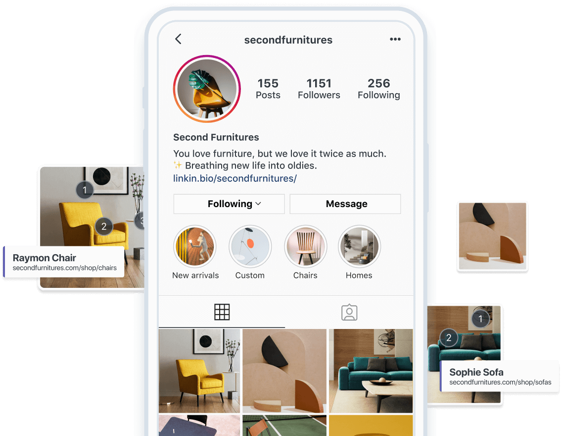 2 posts in Second Furnitures Instagram feed have clickable links to products on their Linkin.bio page