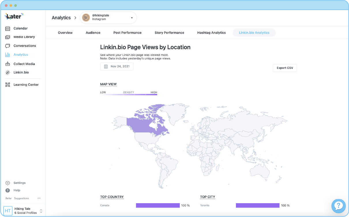 Hiking Tale Linkin.bio Page Views by Location Analytics from November 24 2021.