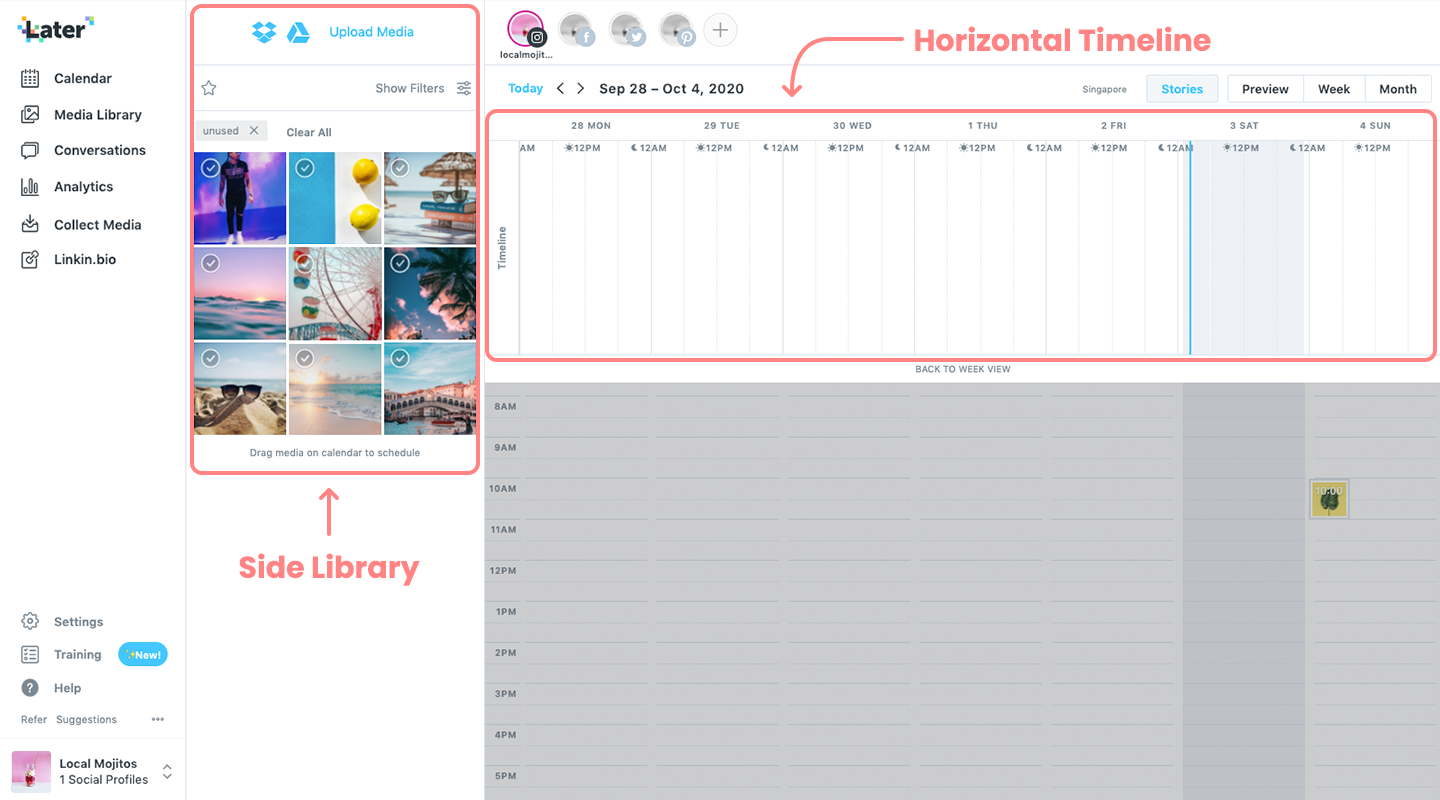 Screenshot of the Later app highlighting the horizontal timeline section