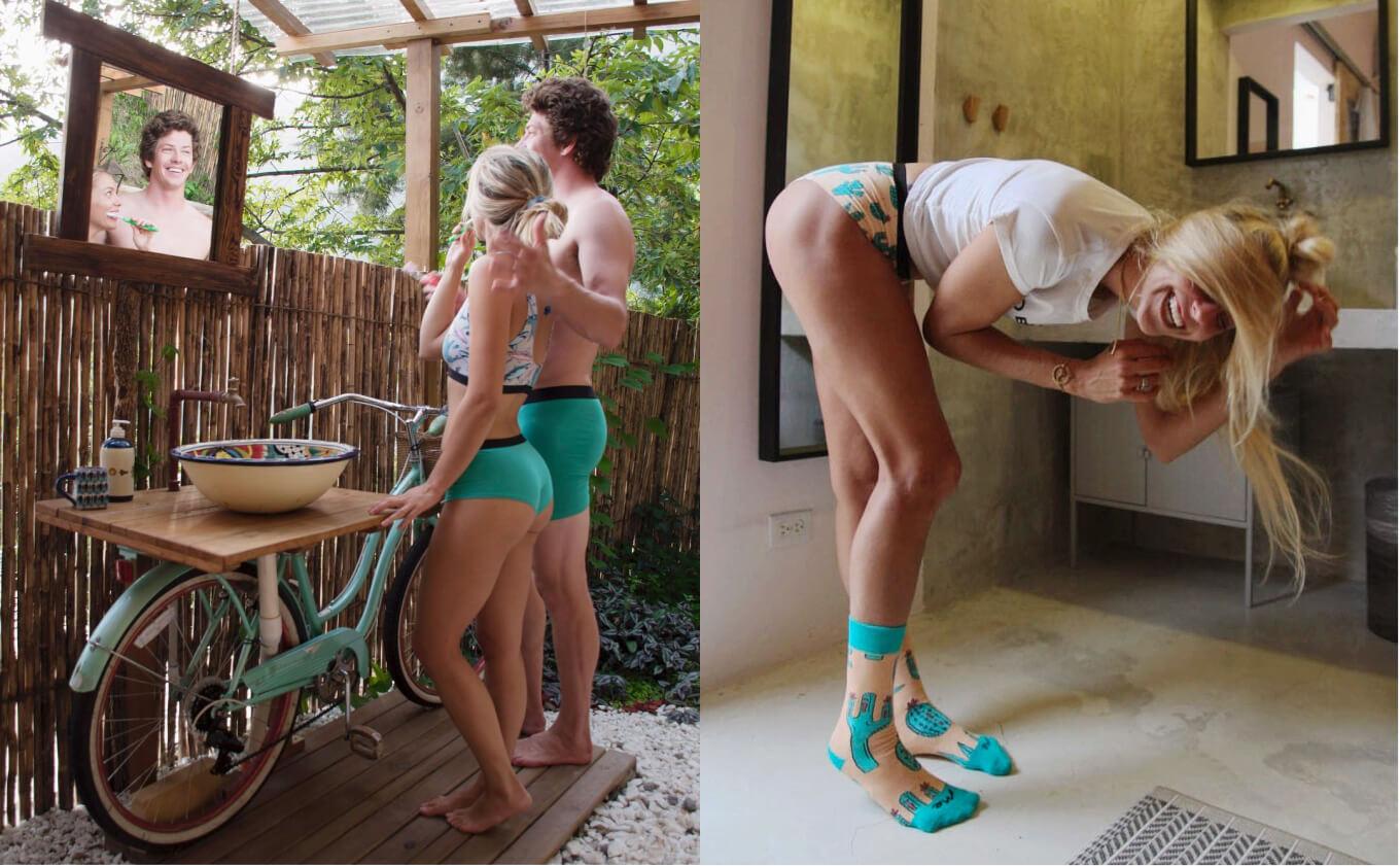 Woman and man in MeUndies teal underwear and another woman in the cactus pattern underwear and socks