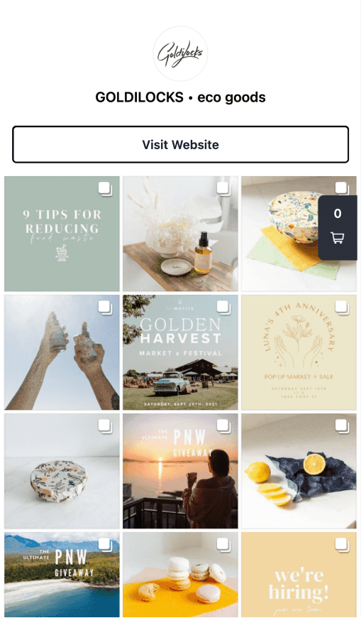 Screenshot of Goldilocks' Link in Bio page with a button to visit their website and a grid of their latest posts that link out to other relevant content