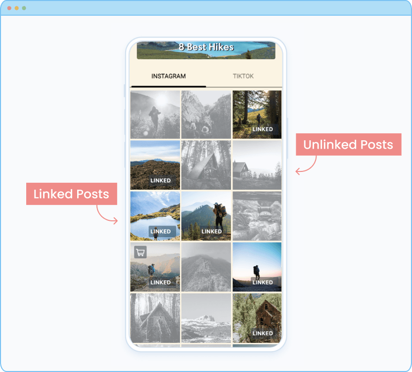 Hiking Tale's Link in Bio preview grid displays linked images in color and unlinked images in grayscale.