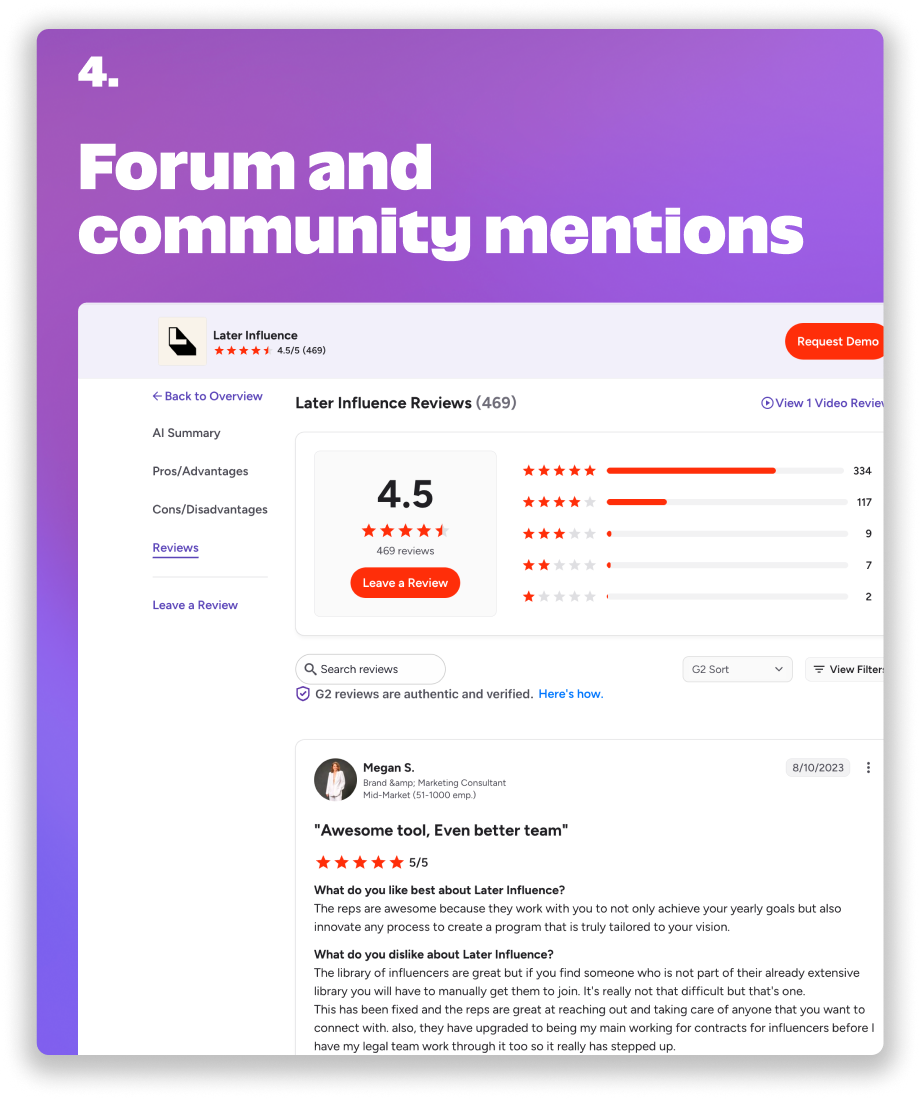 A G2 reviews page for Later Influence showing a 4.5-star rating from 469 reviews