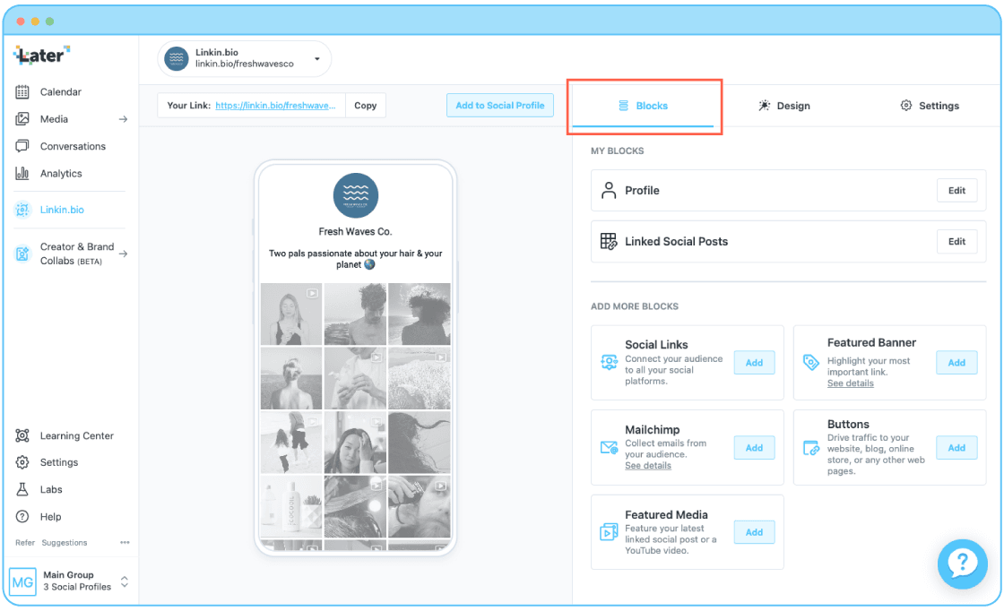 An overview of Fresh Waves Co's Link in Bio management page, displaying the Blocks menu.