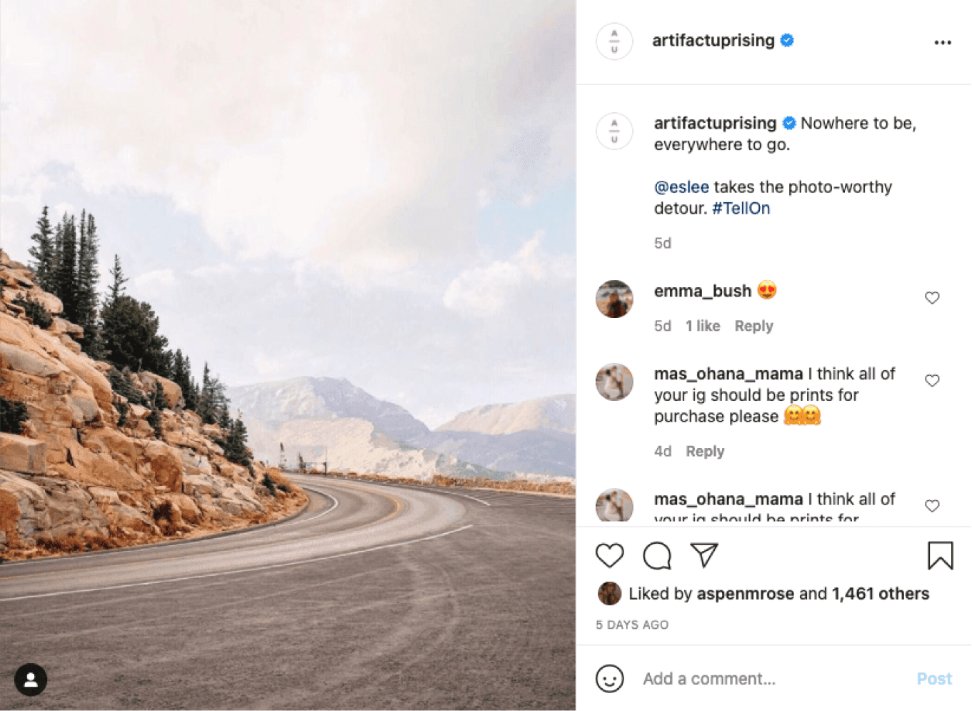 Post from Artifact Uprising's instagram of a winding road in a mountainous area that recieved a lot of engagement