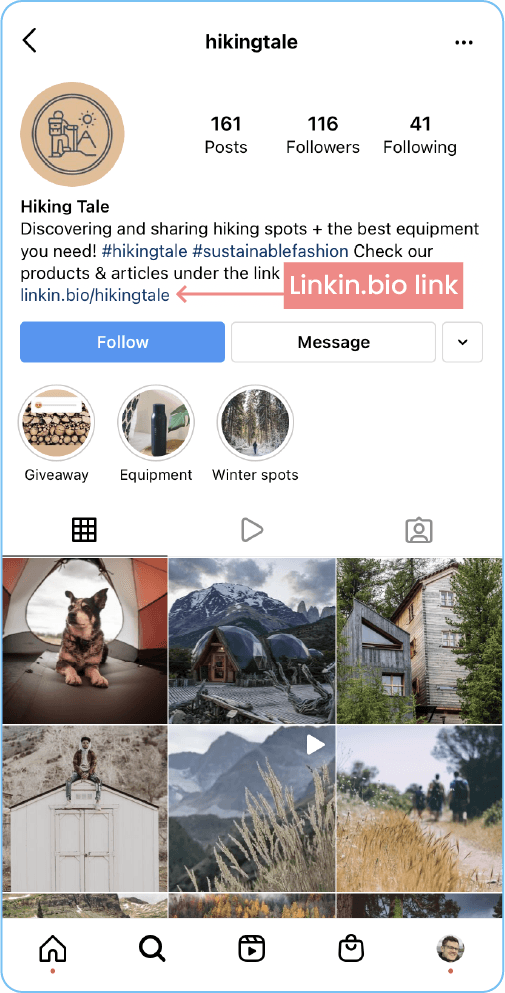 An arrow labeled 'Link in Bio link' points to the website field of the Hiking Tale Instagram bio, and URL is: Link in Bio/hikingtale