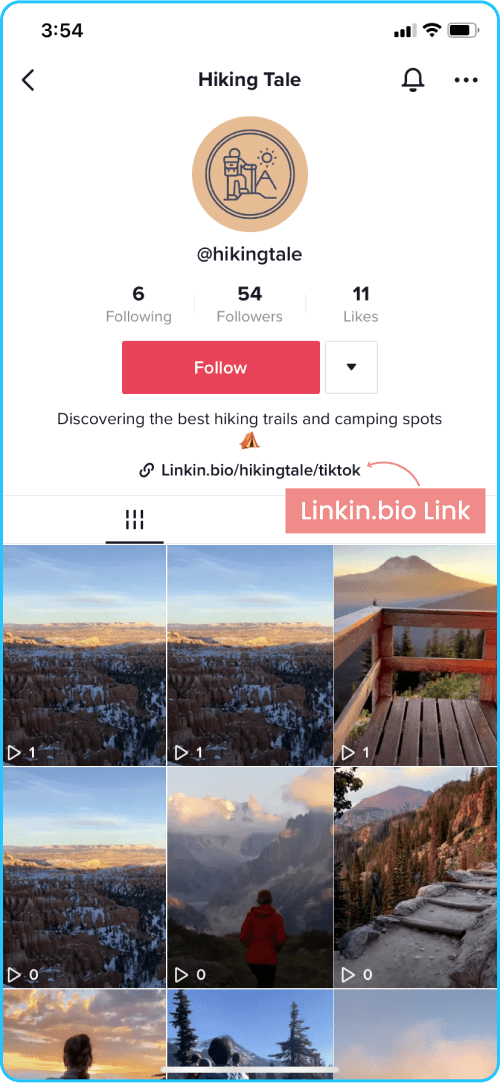 Hiking Tale's Link in Bio page link is displayed within the bio of their TikTok profile.