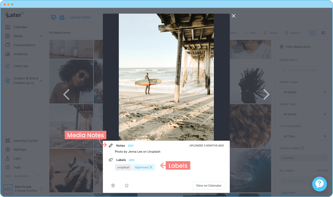 Notes and labels are added to an image of a surfer within a users Later Media Library