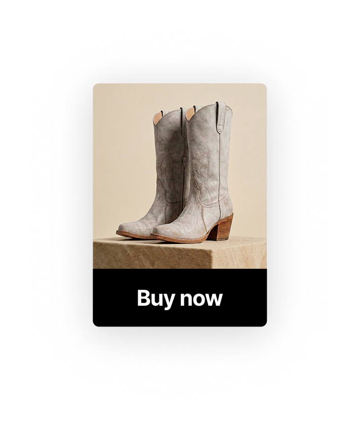 Product card showing cowboy boots with Buy now button