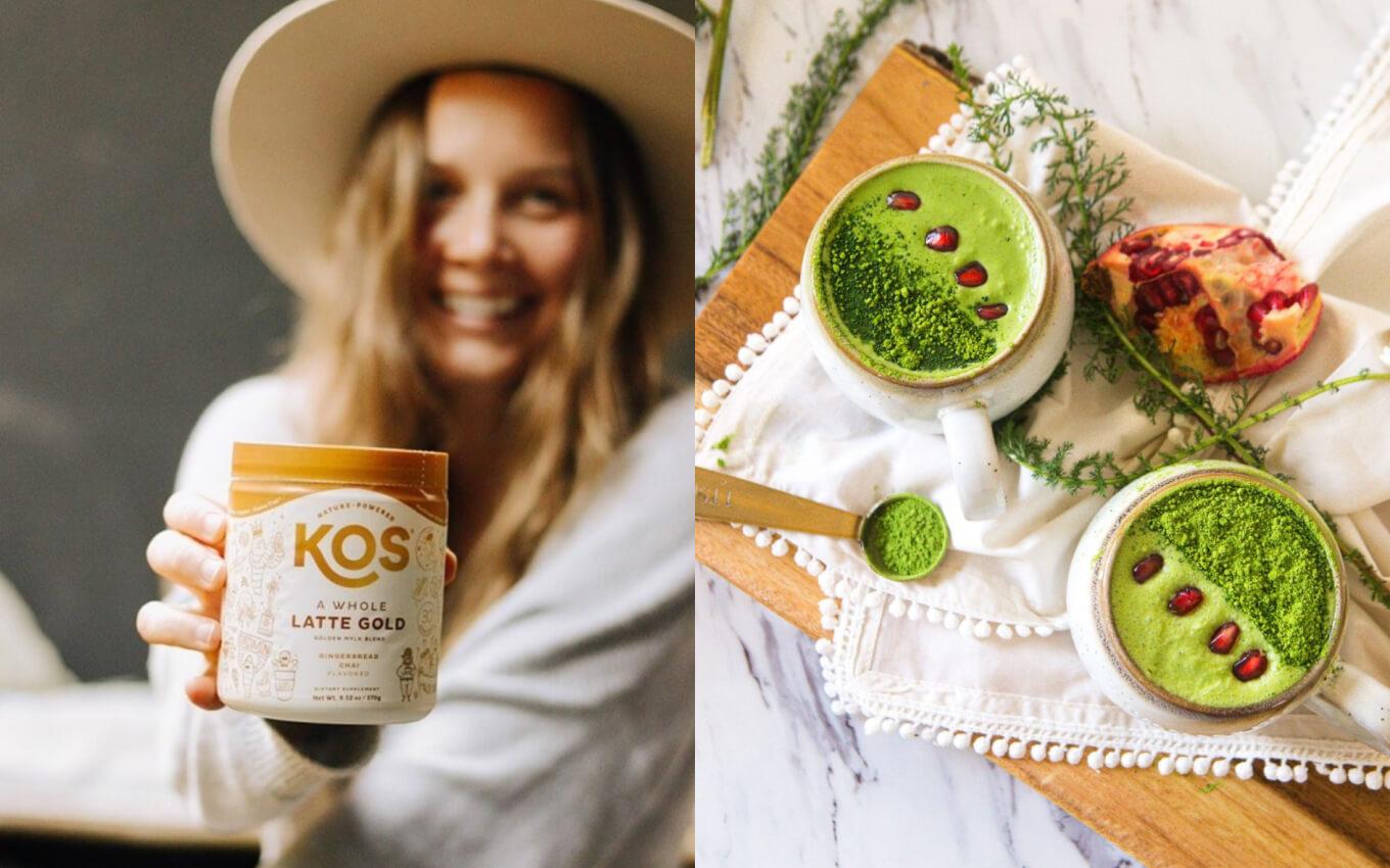 Young woman holding small container of KOS' Latte Gold powder next to two lattes using KOS' matcha powder