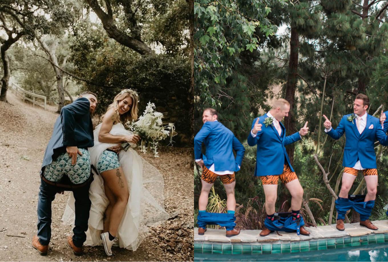 Two pictures of a bridal party wearing matching MeUndies underwear