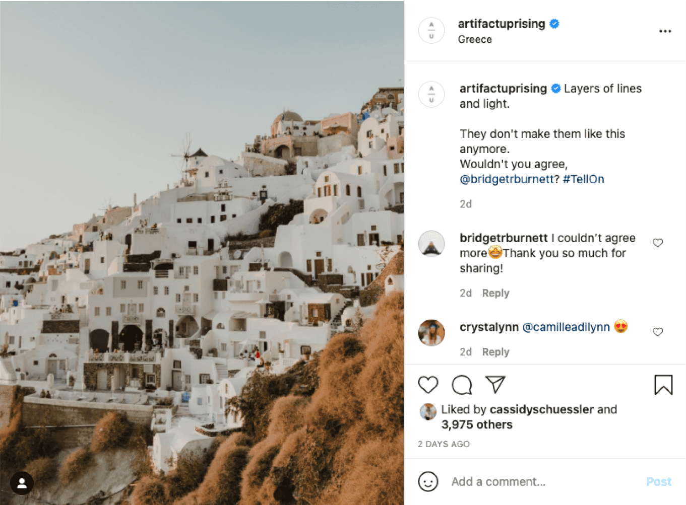 Post from Artifact Uprising's instagram of a mediterranean neighbourhood on a hillside that recieved a lot of engagement