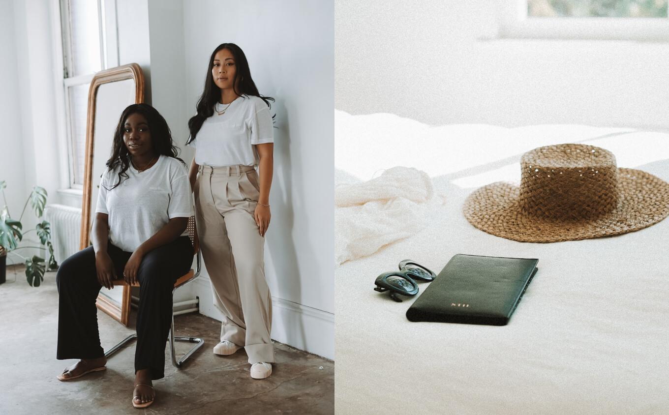 Two women modelling Stil's kind club t-shirts next to image of Stil journal in black resting on a bed with sunglasses and a hat